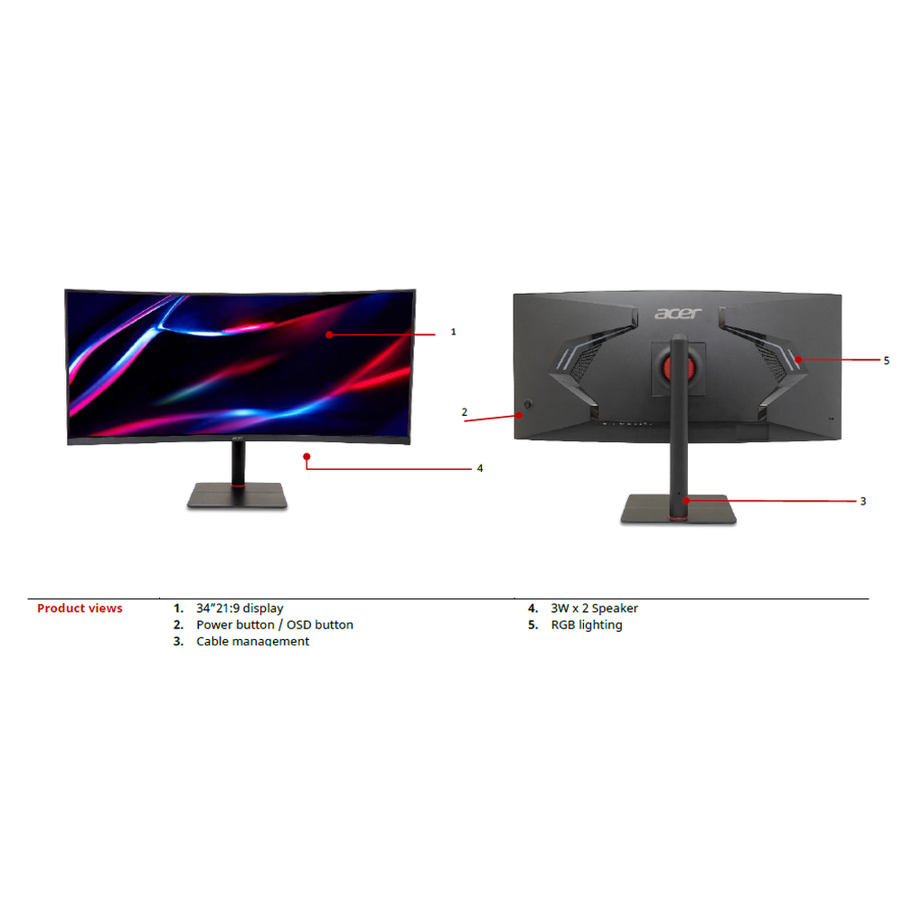 NITRO FSYNCHDR400 34" 21:9CURVEVA(1000R)UWQHD(3440x1440)1ms180HzHDMI(2.0)DP(1.4)x2USB-C(65wPD)TiltSwivHASSPK(2X3W)VESA100x100