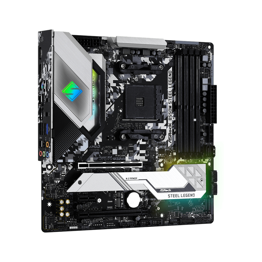 ASRock AMD B550; 4 DDR4; PCIe 4.0 x16 PCIe 3.0 x16 PCIe 3.0 x1 M.2 WiFi Key E; 6 SATA3 Hyper M.2 (PCIe) M.2 (PCIe); 10 USB 3.2; Graphics: HDMI DP