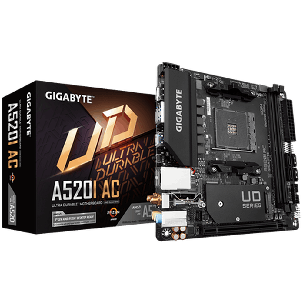 Gigabyte AMD A520 Mini-ITX Ultra Durable MB wDirect 6PhasesDigitl VRM Onboard Intel 802.11ac WIFI GIGABYTE Gaming LAN wBandwidth Mngmnt PCIe 3.0 x4 M.2