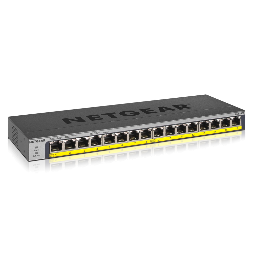 NETGEAR 16-Port PoE/PoE+ Gigabit Ethernet Unmanaged Switch with 183W PoE Budget Rack-mount or Wall-mount (GS116PP